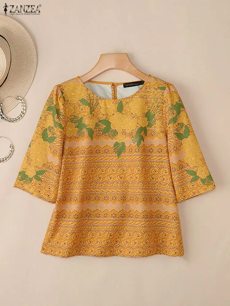 ZANZEA Womens Floral Printing Blouses 2025 Autumn Round Neck Half Sleeve Yellow Blouse Woman Vacation Everyday Casual Wear S-3XL