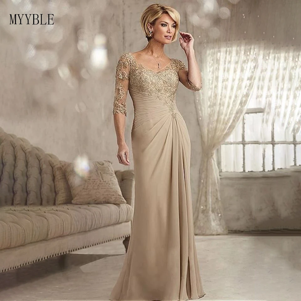 Customized Mother Of The Bride Dresses Champagne Long Sleeves Side Split Wedding Party Dress 2022 Vestidos De Novia Custom Made