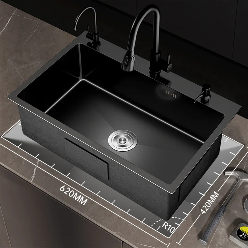 Black Nano Kitchen Sink 304 Stainless Steel Sink Thickened Handmade Kitchen Large Single-slot Under-counter Basin Bar Wash Basin