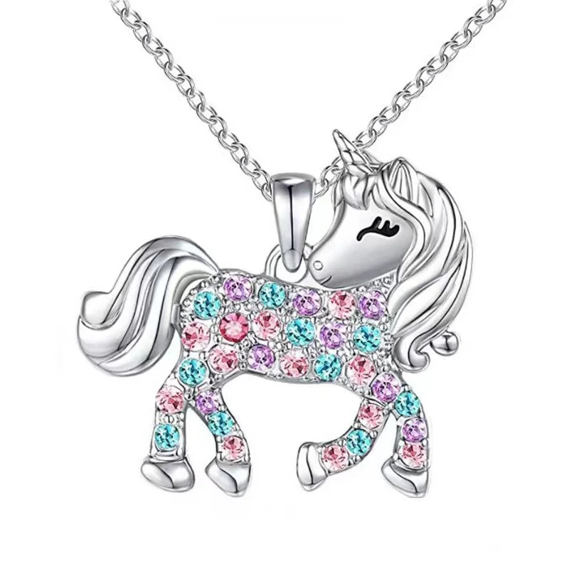 Cute Rainbow Horse Necklace Colorful Crystal Unicorn Pendant Necklaces For Women Girls Boys Christmas Gifts