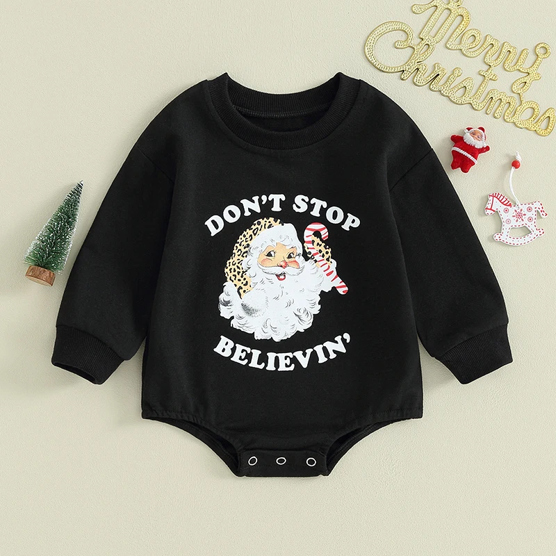 

BeQeuewll Baby Long Sleeve Christmas Rompers Newborn Santa Claus Print Round Neck Bodysuit Infant Loose Fit Jumpsuits For 0-2Y