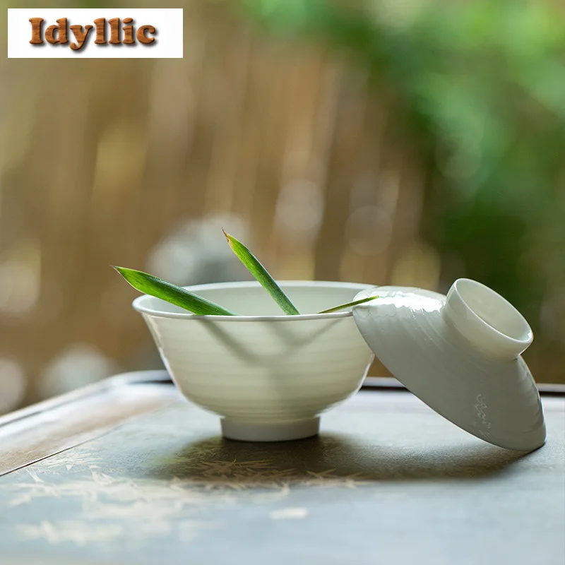 

100ml White Porcelain Threaded Thin Tire Gaiwan Vintage Tea Tureen Tea Bowl With Lid Kit Tea Maker Cover Bowl Drinkware Ornament