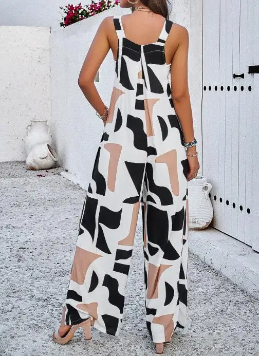 Summer Square Neck Vacation Style Geometric Print Sleeveless Camisole Vest Jumpsuit for Women, High Waist Wide Leg Jumpsuit