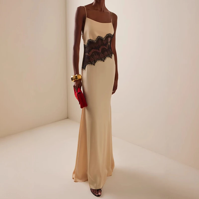 우아한 여성용 민소매 새틴 롱 드레스, 패션 레이스 패치워크 솔리드 이브닝 파티 드레스, 섹시한 오프숄더 슬림 서스펜더 드레스