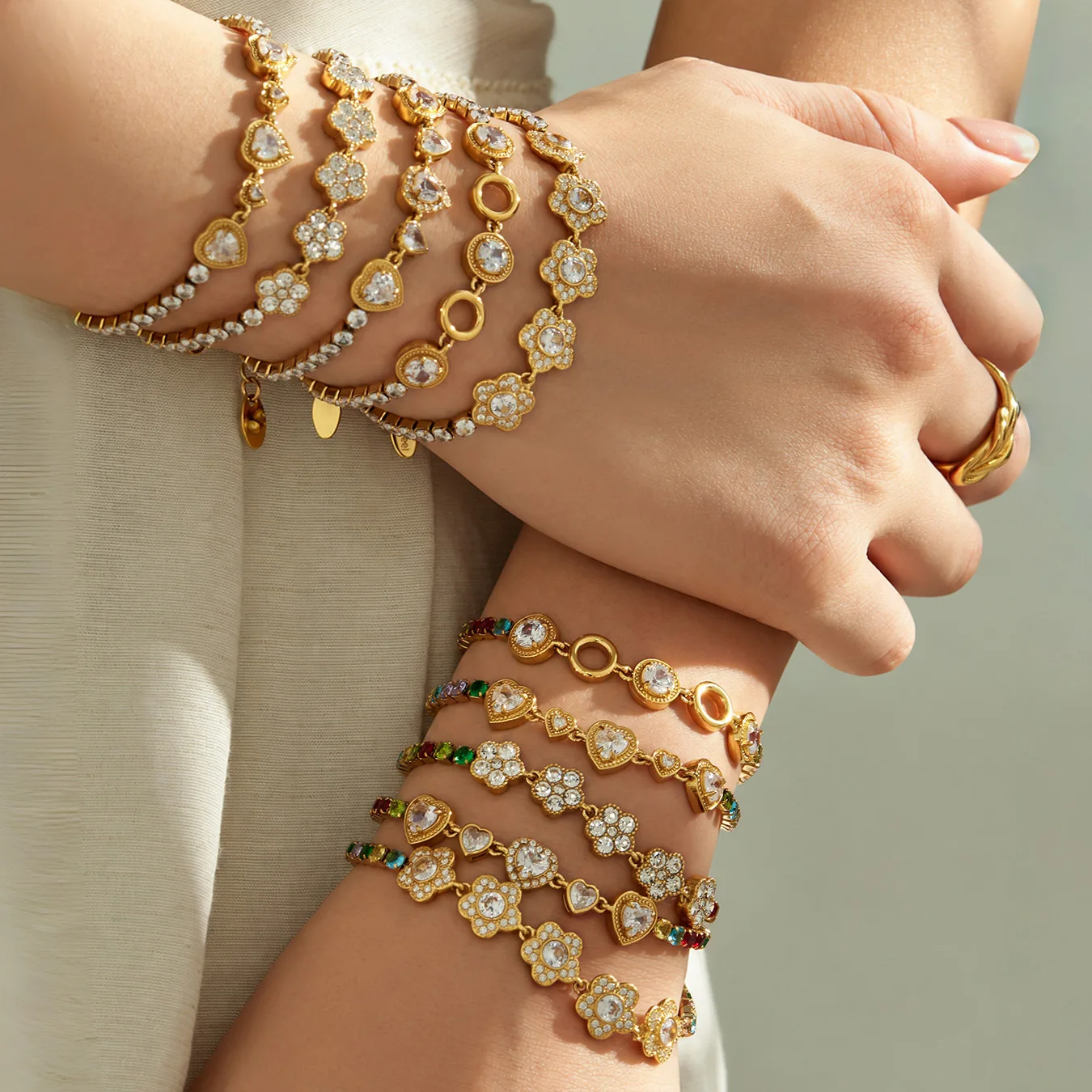 Voller Farbiger CZ-Armreif Tennis-Armbänder Zirkon-Blumen-Armband 18k Vergoldete Edelstahl-Kettenarmbänder für Damen – Detail 4