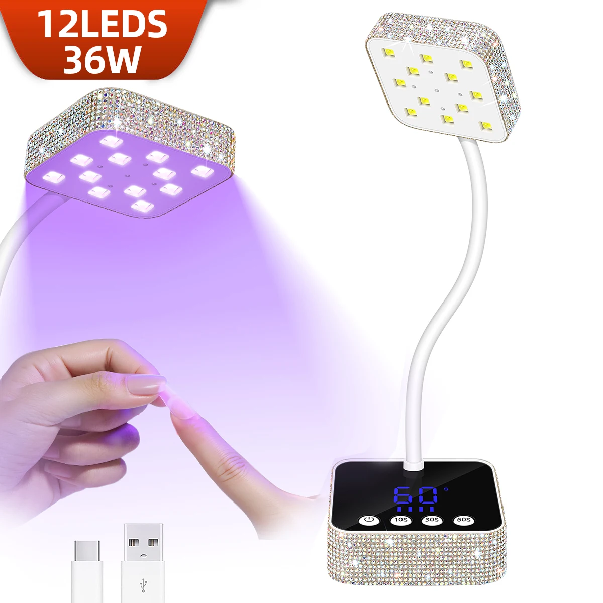 

36W Wireless Nail Lamp 12LEDS UV LED Nail Dryer With Auto Sensing Rechargeable Fast Drying Nail Light 360° Bendable Table Lamp