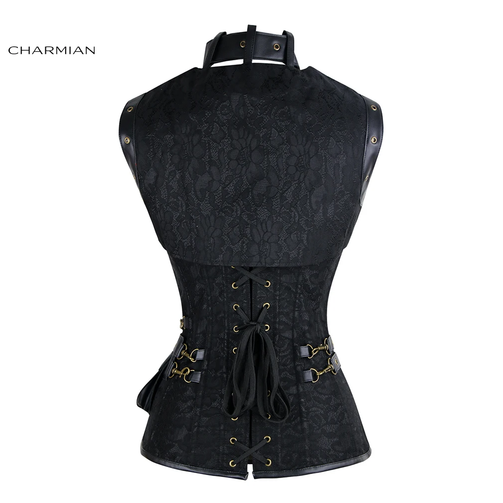 Charmian Steampunk Corset Black Women Retro Steel Boned Plus Size Leather Corset Top with Belt Bustier Halloween Gothic Clothes