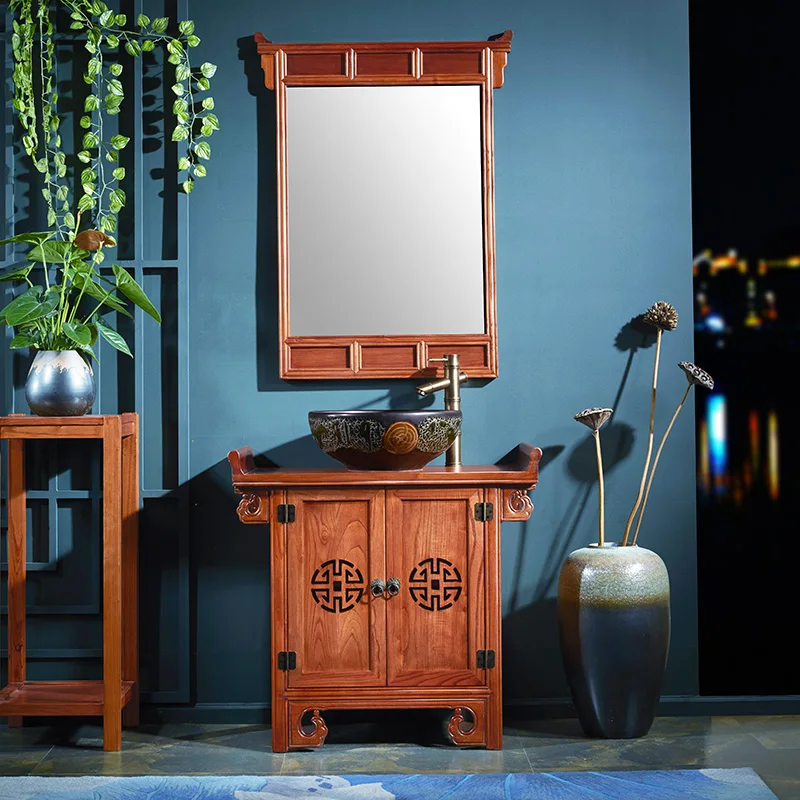 Antique solid wood bathroom cabinet combination Chinese bathroom cabinet Floor-to-ceiling bathroom washstand Ming and Qing class