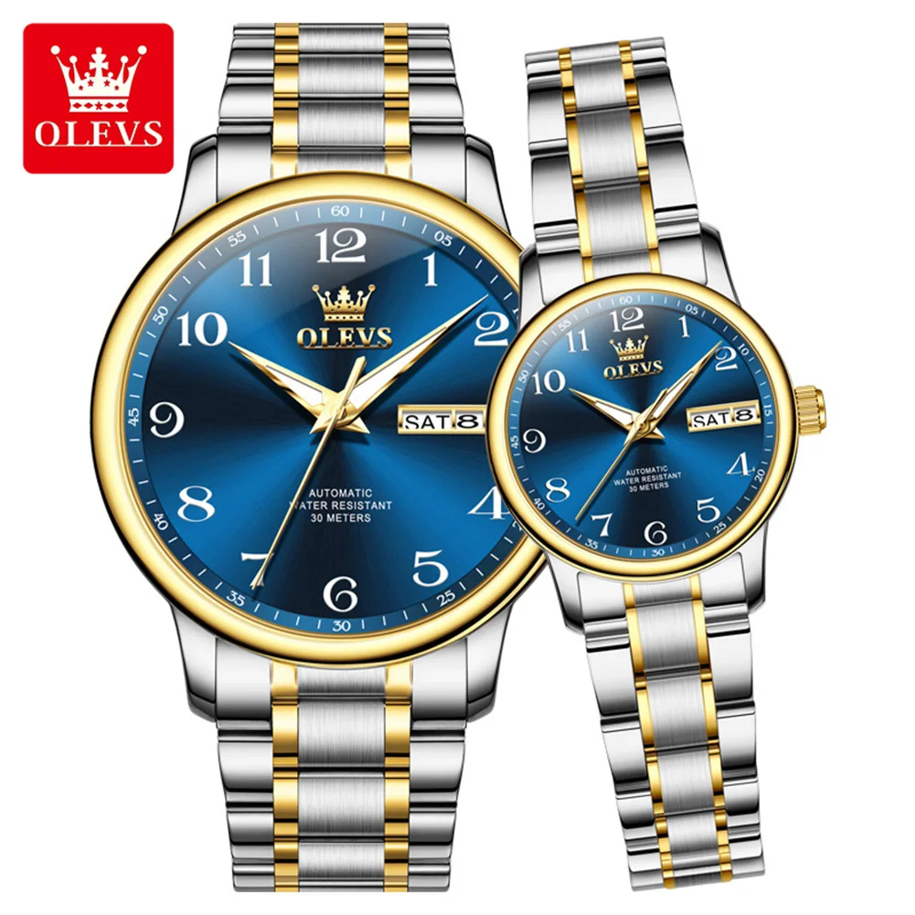 ساعات أوتوماتيكية OLEVS 7072 للرجال والنساء من الفولاذ المقاوم للصدأ مقاومة للماء بتقويم مزدوج وساعة يد ميكانيكية مضيئة للزوجين