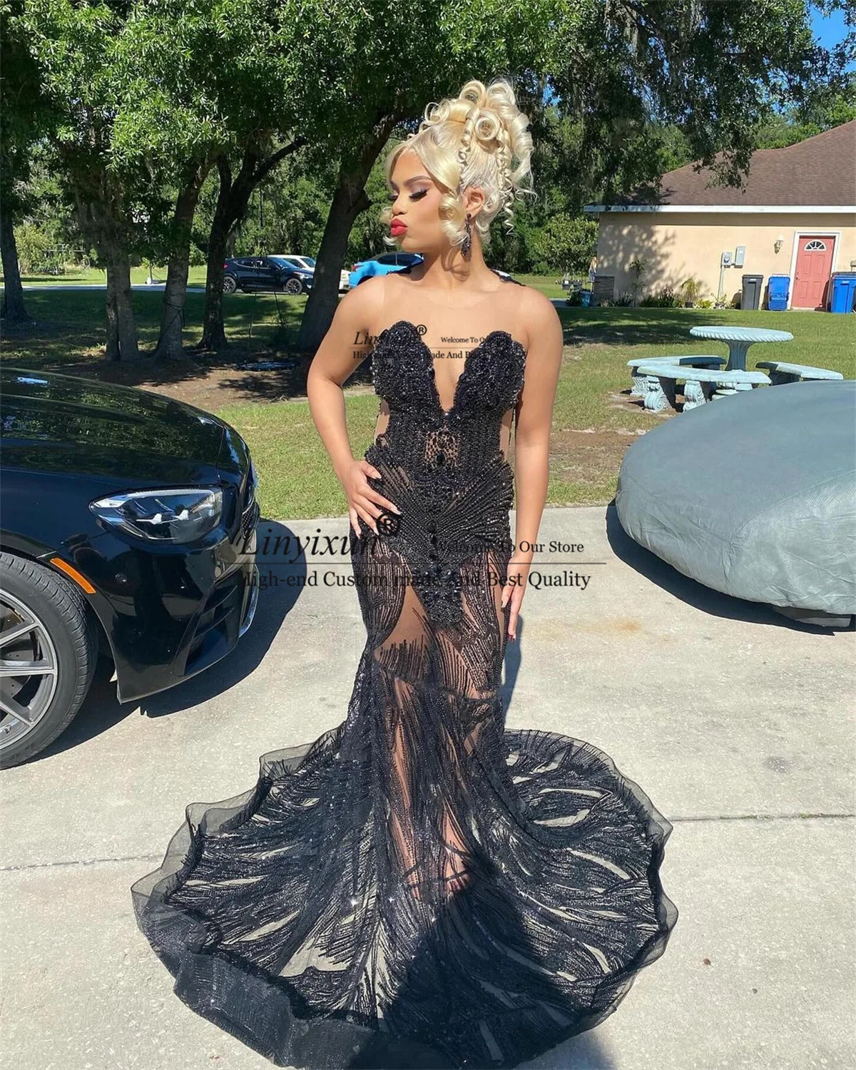 Luxury Crystals Beads Prom Dresses For Black Girl Glitter Gem Lace Evening Party Gown Sexy See Through Birthday Robe De Soiree