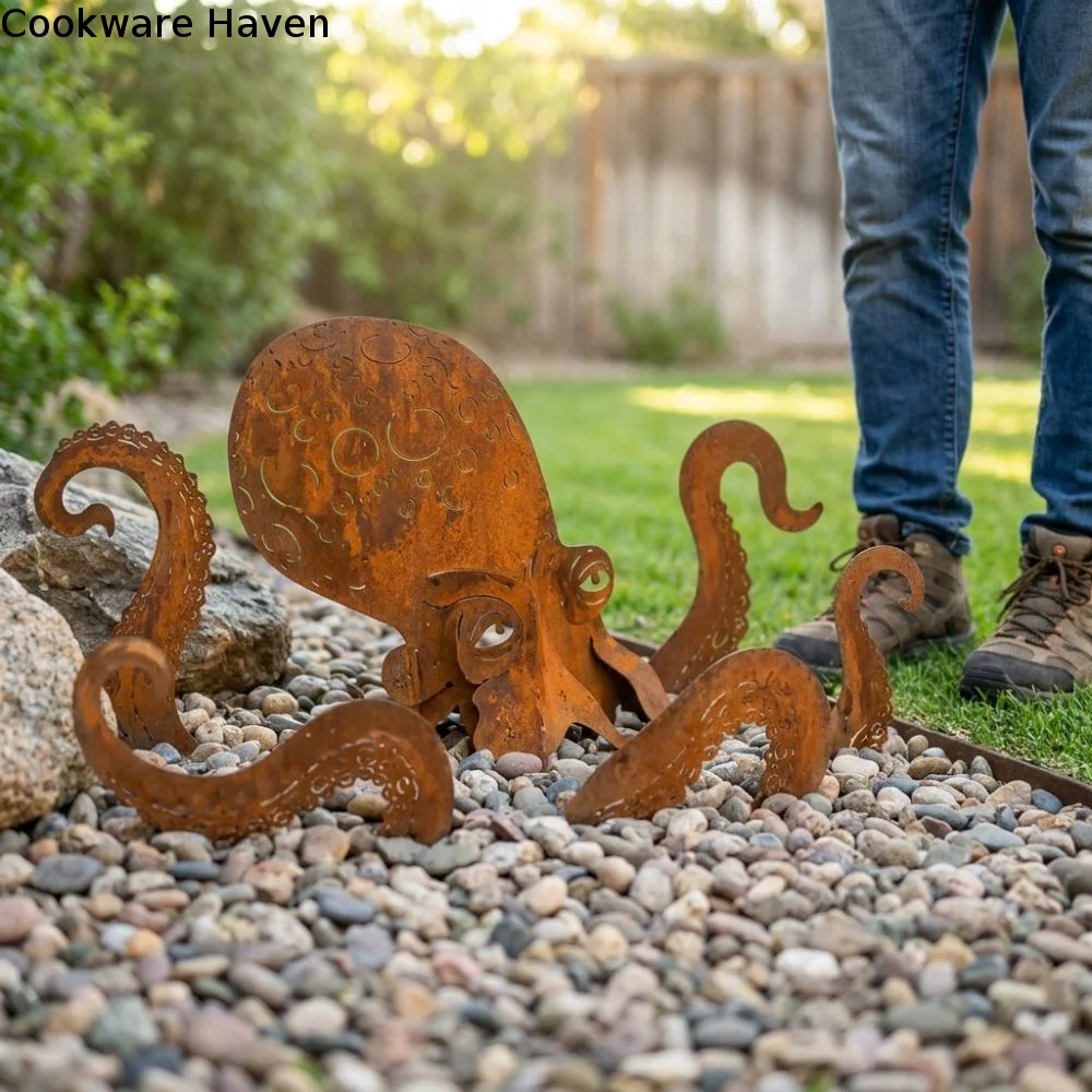Vintage Iron Rusty Metal Squid Garden Statue Coastal Art Rustic Squid Yard Art Decor Weather-resistant Layered Layout