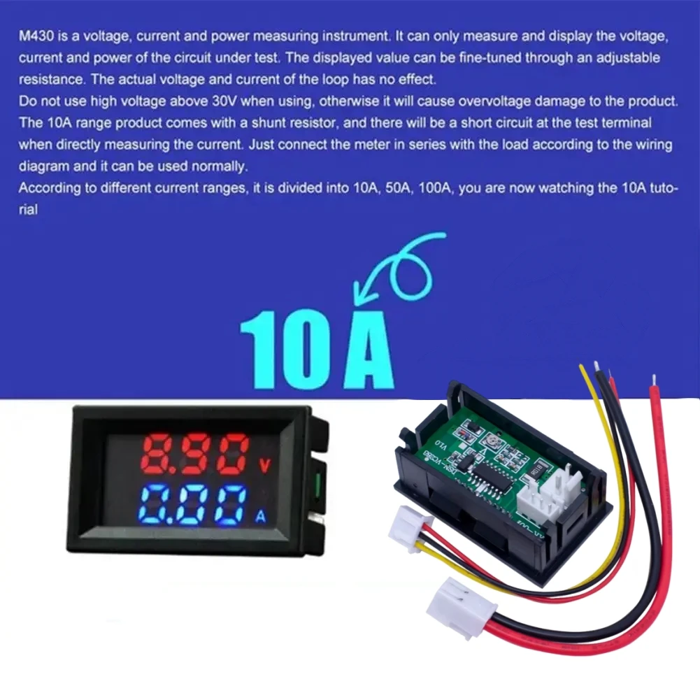 Digital Voltmeter Ammeter DC 100V 10A Amp Voltage Current Meter Tester 0.28 Inch Dual LED Display Panel with Connect Wires