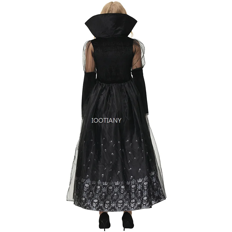 2024 Skull Print Vampire Skirt Witch Devil Queen Cosplay Costume Halloween Carnival Performance Dress Up