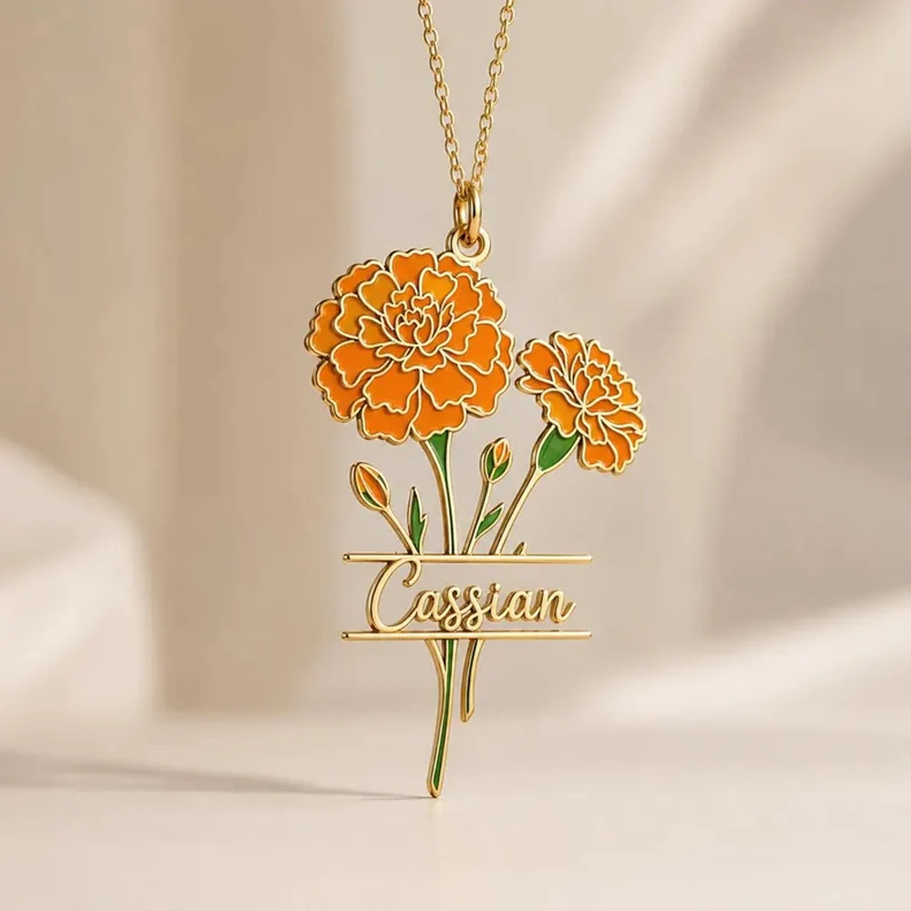 Custom Name Birth Flower Necklace Stainless Steel Personalized UV Print Colorful Month Flower Pendant for Women Birthday Jewelry
