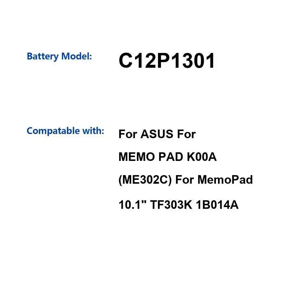 

Надежный источник питания C12P1301 6560 мАч, аккумулятор для планшета Asus Memo Pad K00A ME302C Memopad 10,1 дюйма TF303K 1B014A