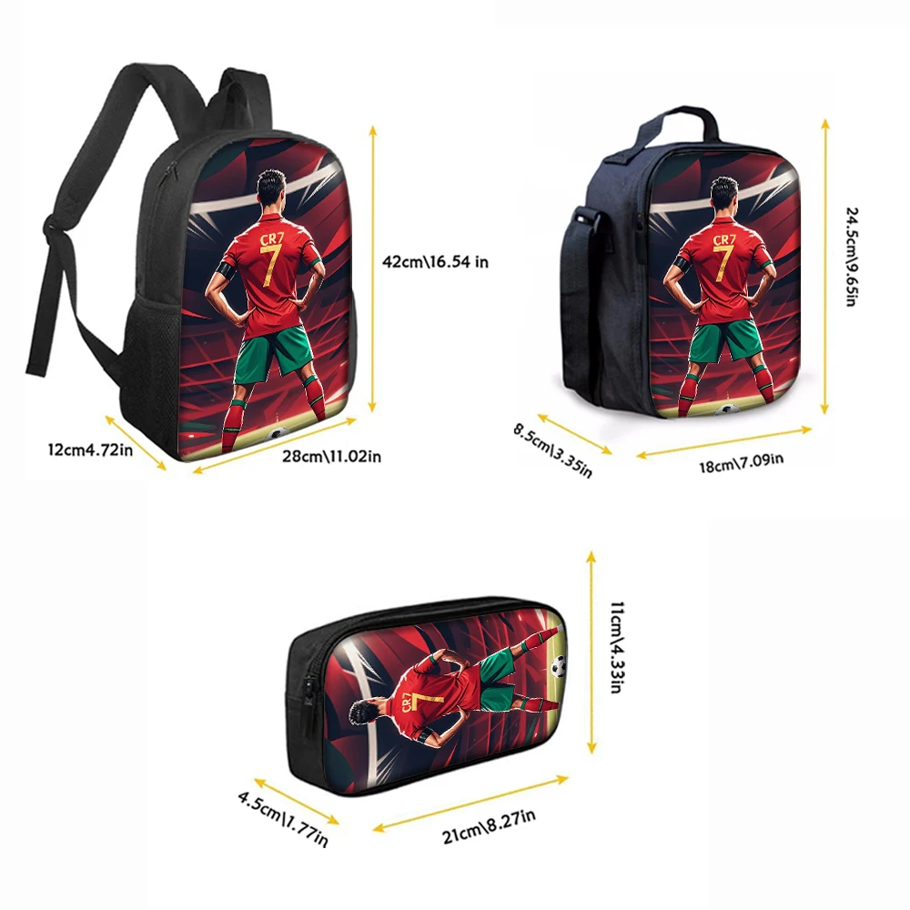 3-Piece CR7 Soccer Star Pattern Backpack Set – Large-Capacity Casual Backpack with Matching Clutch & Tote Bag, Perfect for Daily