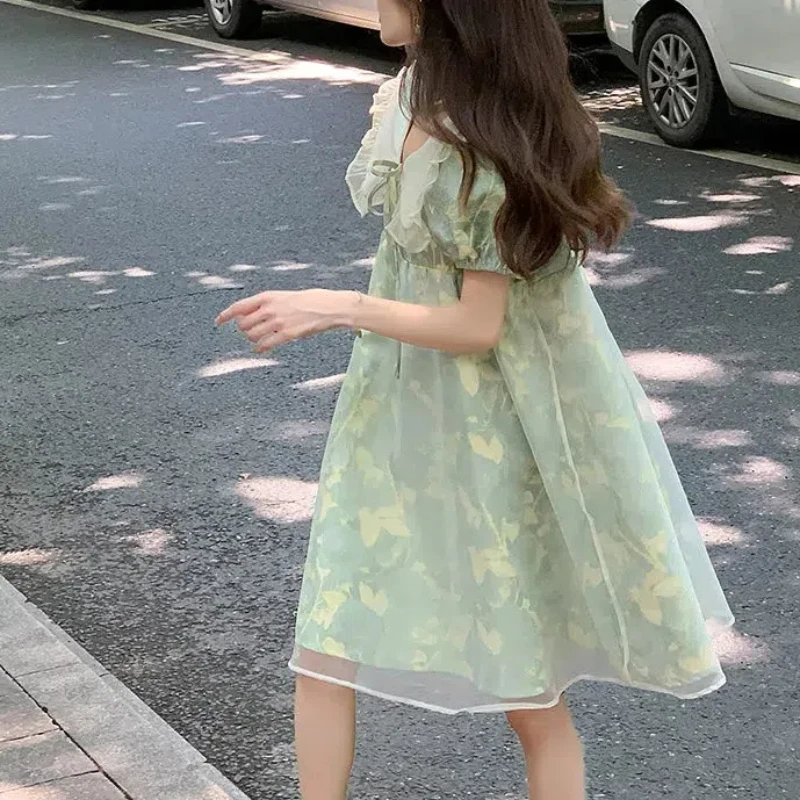 2024 Summer New Women\'s Korean Commute Printed Spliced Peter Pan Collar Drawstring Loose Short Sleeve Sweet Chic A-line Dresses