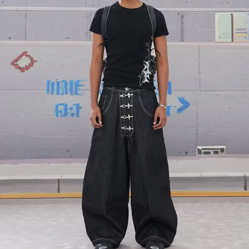 Street Retro Men's Jeans Straight Leg Pants Airplane Buckle Baggy Silhouette Curved Knife Jeans High Waisted Casual Denim Pants