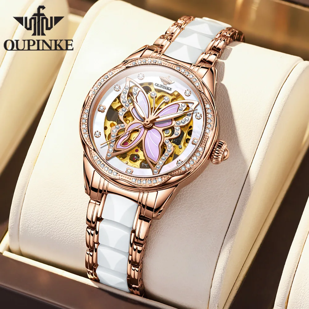 

OUPINKE Women's Watches Luxury Fashion Original Automatic Mechanical Watch for Lady Ceramic Strap Hollowed out Butterfly Dial