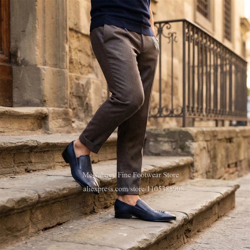 Crocodile Print Leather Slip on Loafers Men Pointed Toe Formal Shoes Handmade Business Wedding Gentlemen Dress Shoes Plus Size