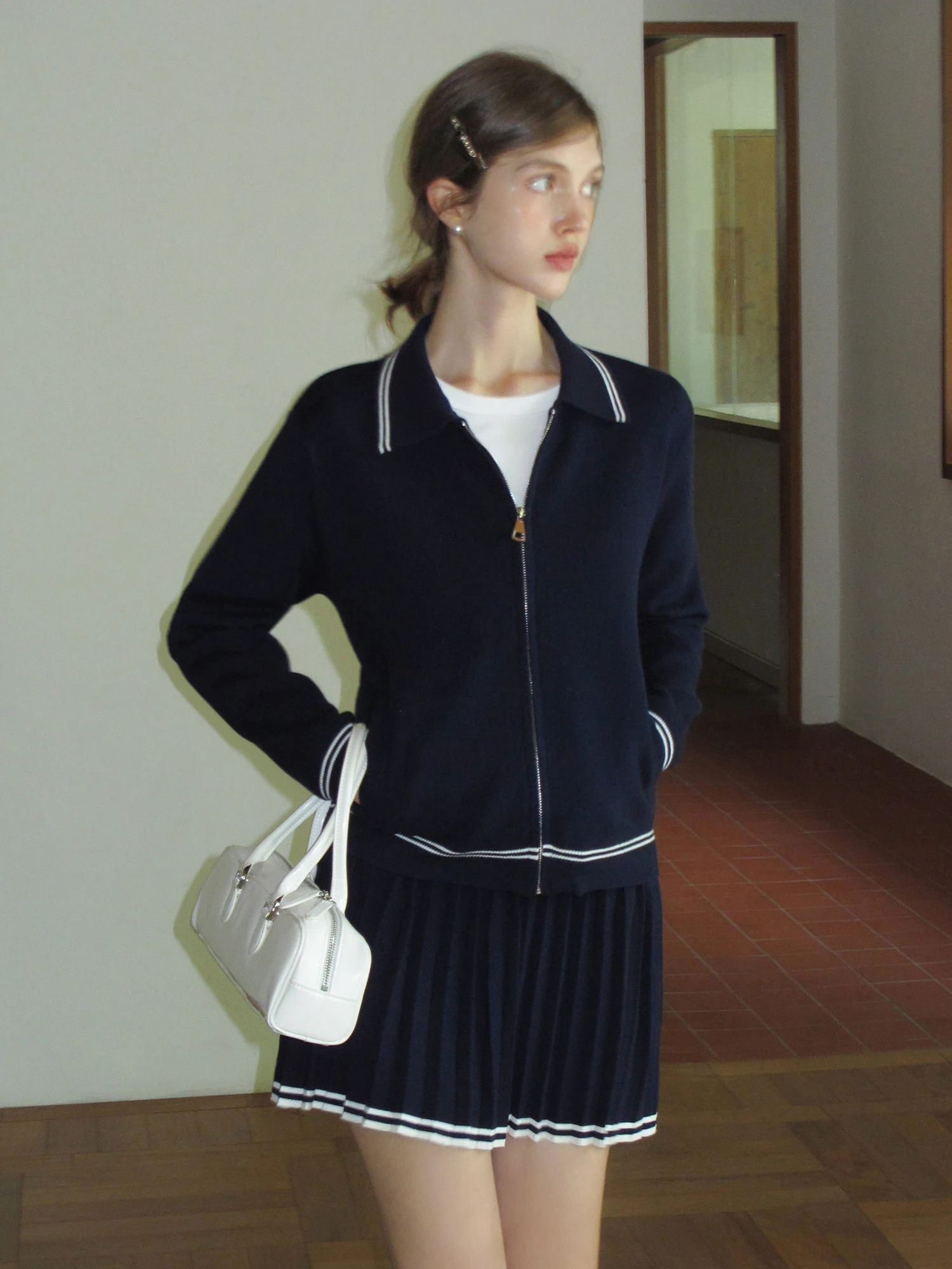 

EGGKA College Sle Zipper Collar Knitted Sweater High Waist A-Line Skirt Women's Autumn Winter Set Soft Polyester Fiber...