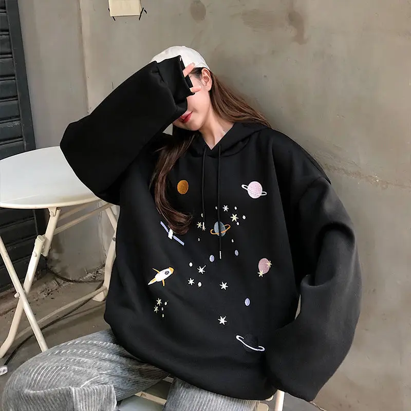 

Hoodies Women Blue Black Sweatshirts Kawaii Embroidery Oversize Large Size 2XL Harajuku Streetwear Unisex Fashion Casual Tops