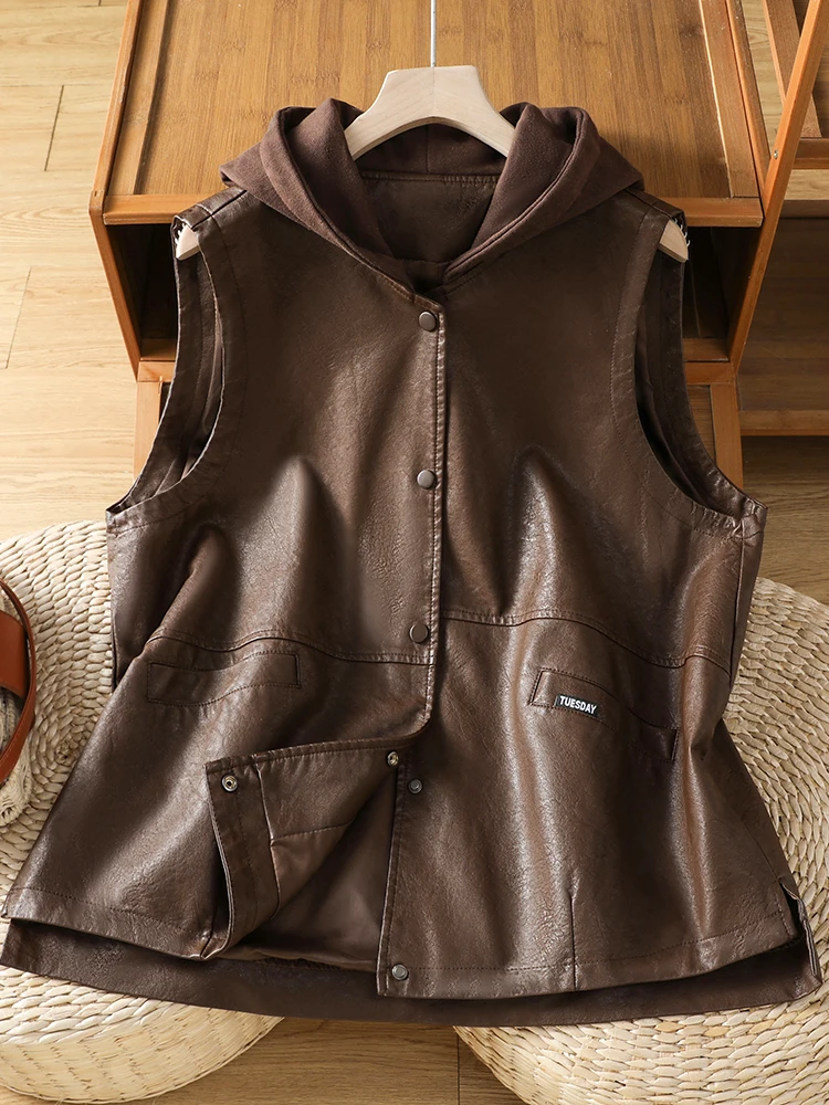 Hooded PU Leather Vest Women's Loose Outerwear Fashionable Autumn Spring Casual Breathable Airy Style Ladylike Trendy Jacket