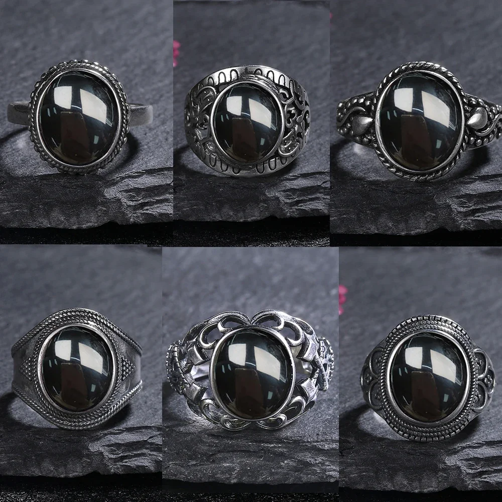 10*12mm Oval Round Natural Black Agate S925 Sterling SilverRing for Women Ring Gift Sun Shaped Retro Luxury Fine Jewelry