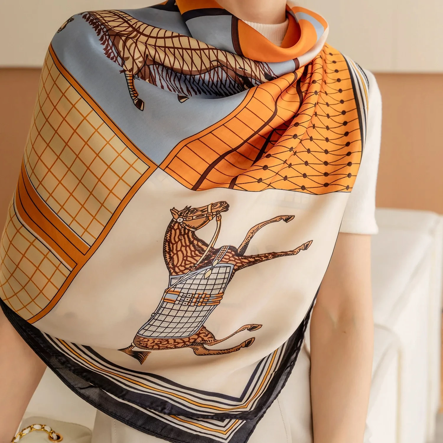 Luxury Horse Print Square Scarf Vintage Silk-like Satin Shawl Scarf Women Windproof Outdoor Head Wrap 110*110cm