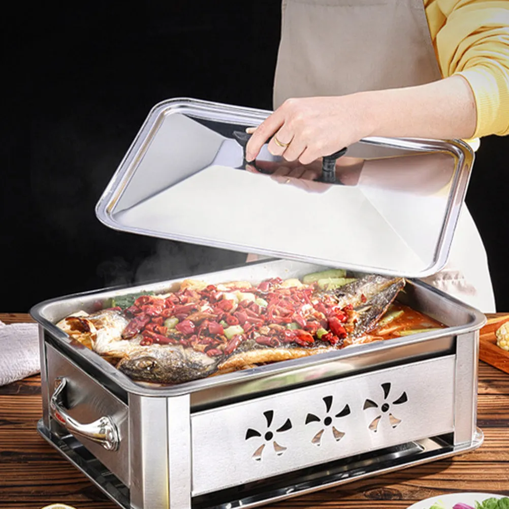 

Stainless Steel Food Tray Cover Rectangle Smooth Surface Easy Clean Kitchen Basting Cover Protective Lid for Bbq Plate Griddle