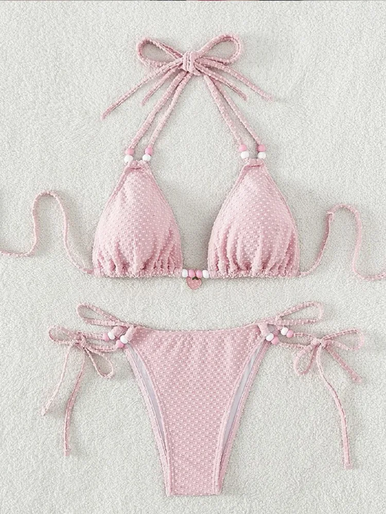Sexy Backless Laced Up Bikini 2 Piece Set Women Solid Split Swimsuit High Waist Beach Bikini 2025 New Summer Swimwea Bikinis Set