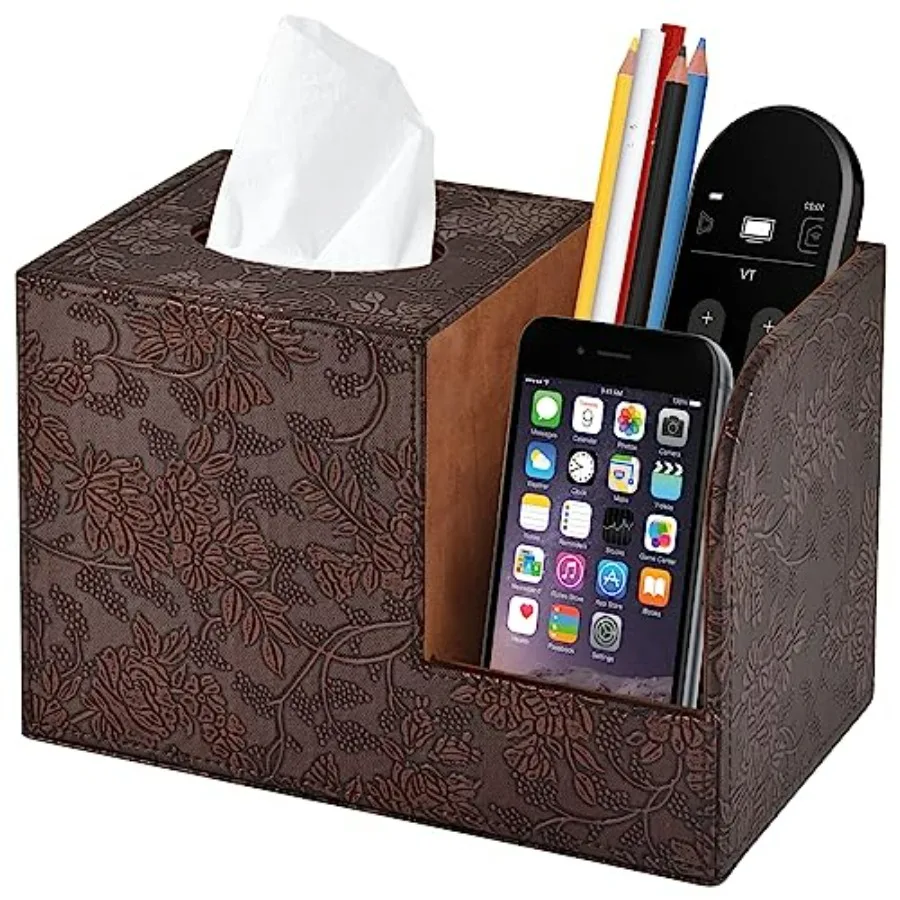 

PU Leather Tissue Box Cover Square Tissue Holder Tissues Box Organizer with 2 Compartment, Remote Control Holder, Multifunction