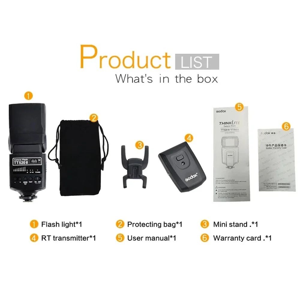 Godox Thinklite TT520II Camera Flash with Build-in 433MHz Wireless Signal for Nikon Sony Canon Pentax Olympus Fuji DSLR Cameras