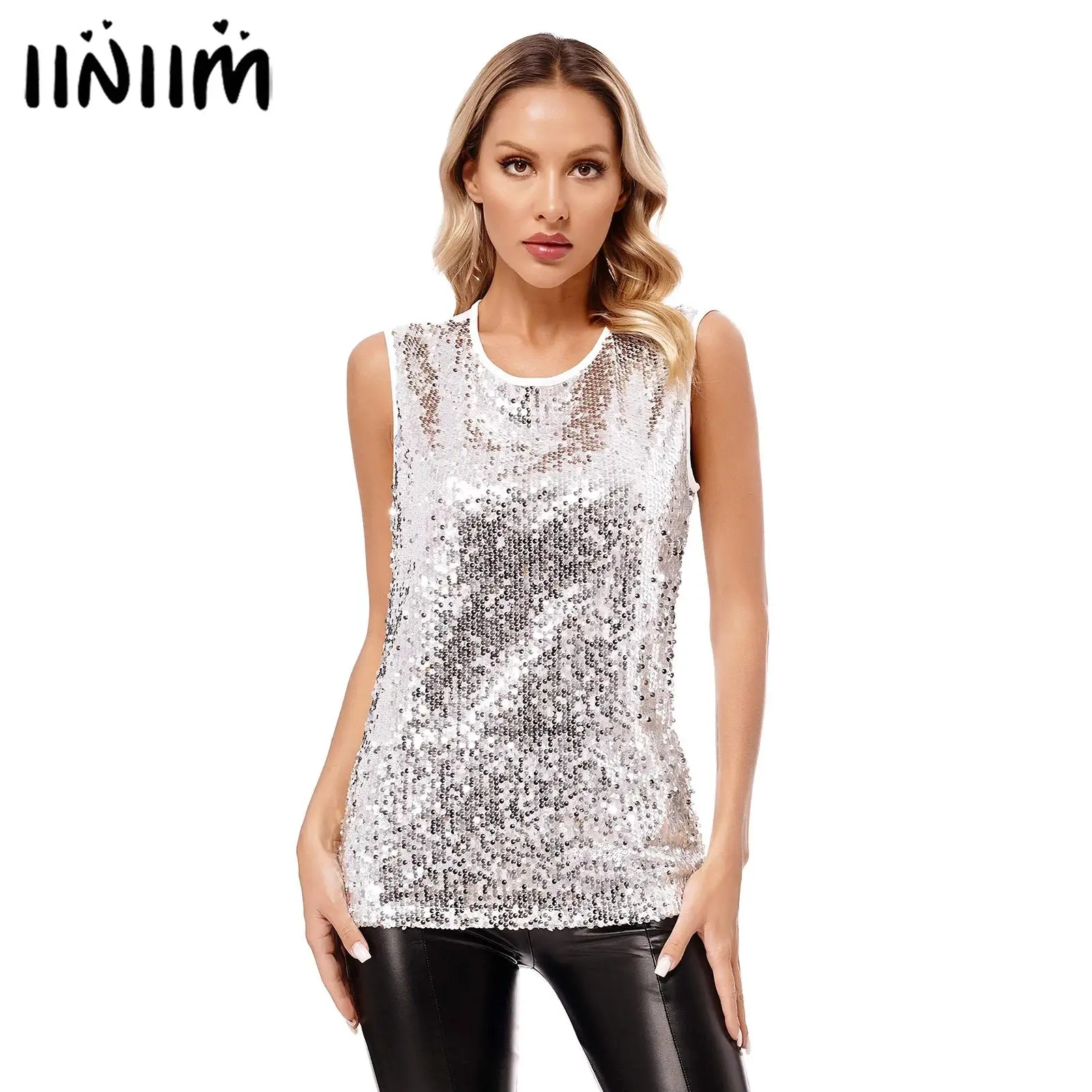 Canotta girocollo senza maniche da donna canotta Slim Fit con paillettes lucide t-shirt Patchwork completamente fodera Clubwear elegante Top Street