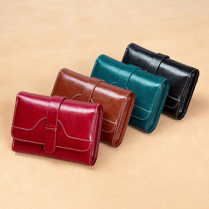 ​Vintage Ladies' Tri-Fold Snap Wallet - Oil-Waxed Genuine Leather, Retro Compact Coin Purse with Multi-Card Pockets​