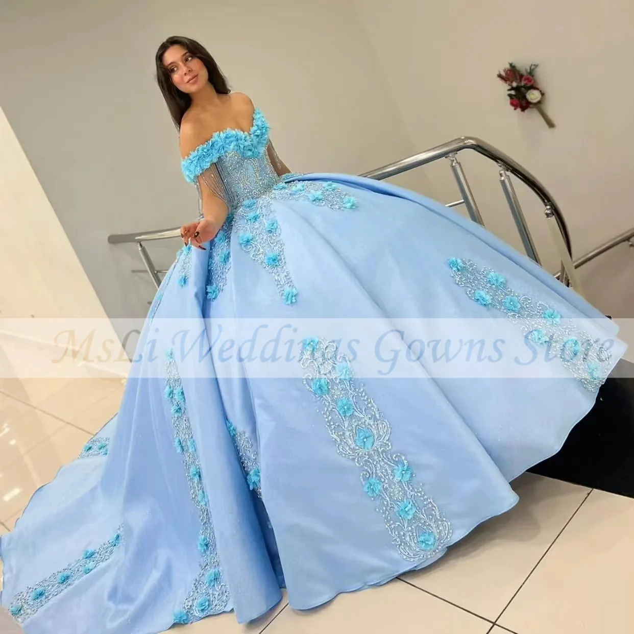 Blue Quinceanera Dresses For Sweet 16 Girls Satin 3D Flowers Sweetheart 15 Party Prom Gowns vestidos de fiesta Custom Made