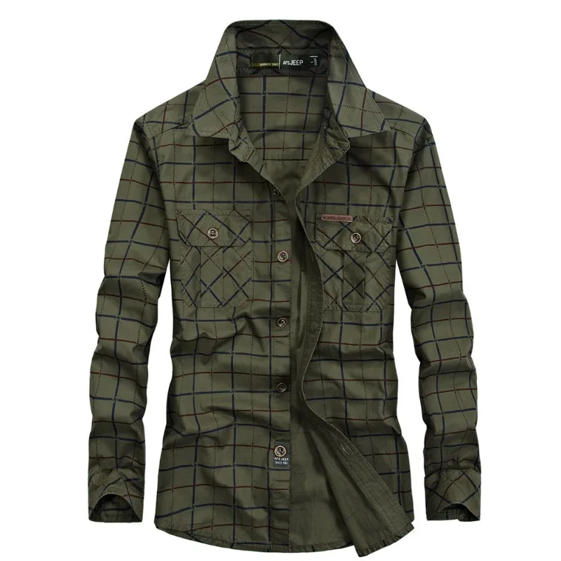 New Spring Men Multi pockets Military Outdoor Tooling Shirts Male Plaid Casual Shirts Quality Man Cotton Long-sleeved Shirts 3XL