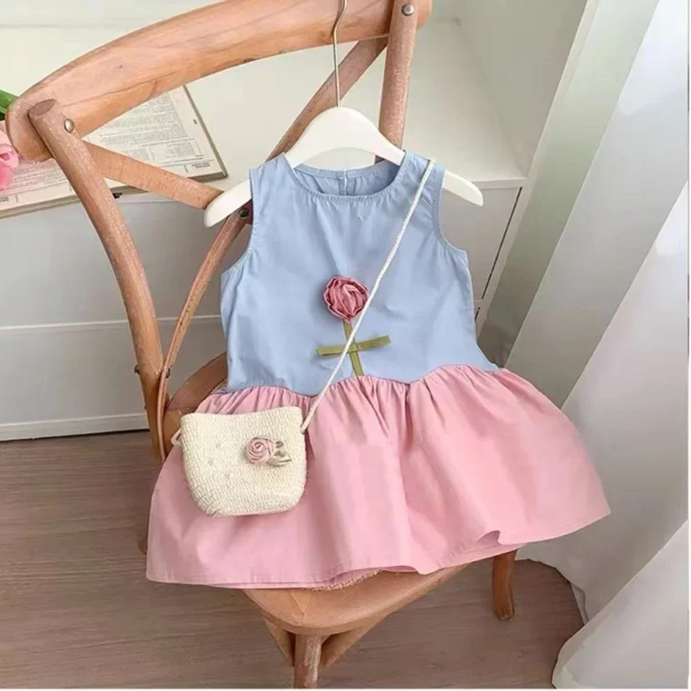 Summer Children's Clothing Pink 3D Flower Dress Sleeveless Round Neck Patchwork Princess Dresses Cute Baby Girl Clothing