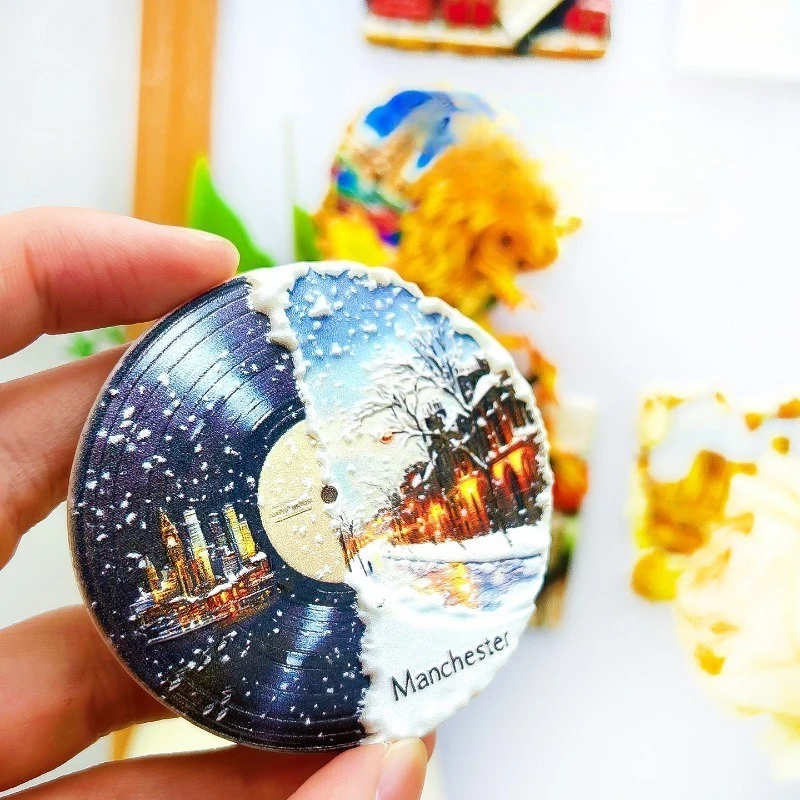 Manchester Snow Vinyl Fridge Magnet - Iconic 3D Music & Winter Scene Unique British Souvenir for Travel & Urban Decor