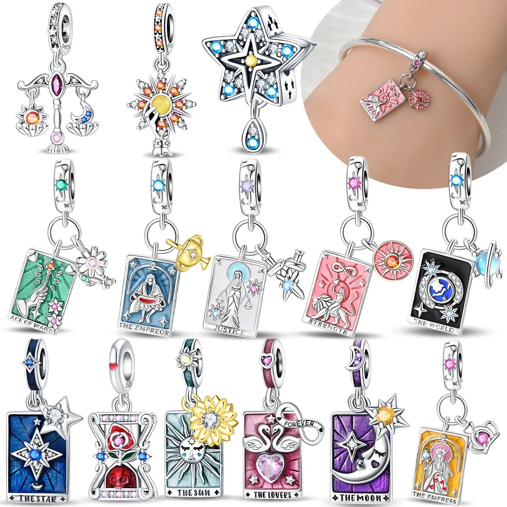 

Оригинальный серебро 925, фиолетовый, луна, розовое солнце, кулон, карта Таро, звезда, подвески, бусины, подходят для браслета, женский прекрасный подарок, аксессуар