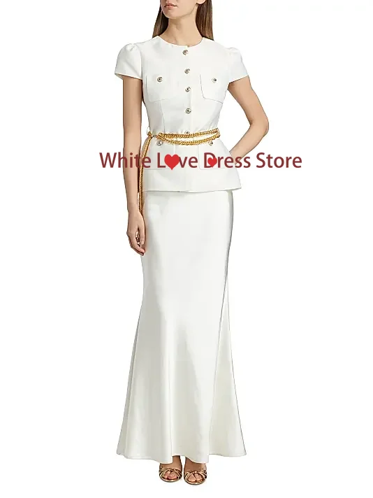 Customized Fashion Button Two Piece Mermaid Ankle Length Evening Dress Party Dress Women's O-neck Short Sleeve Prom Gown 2026