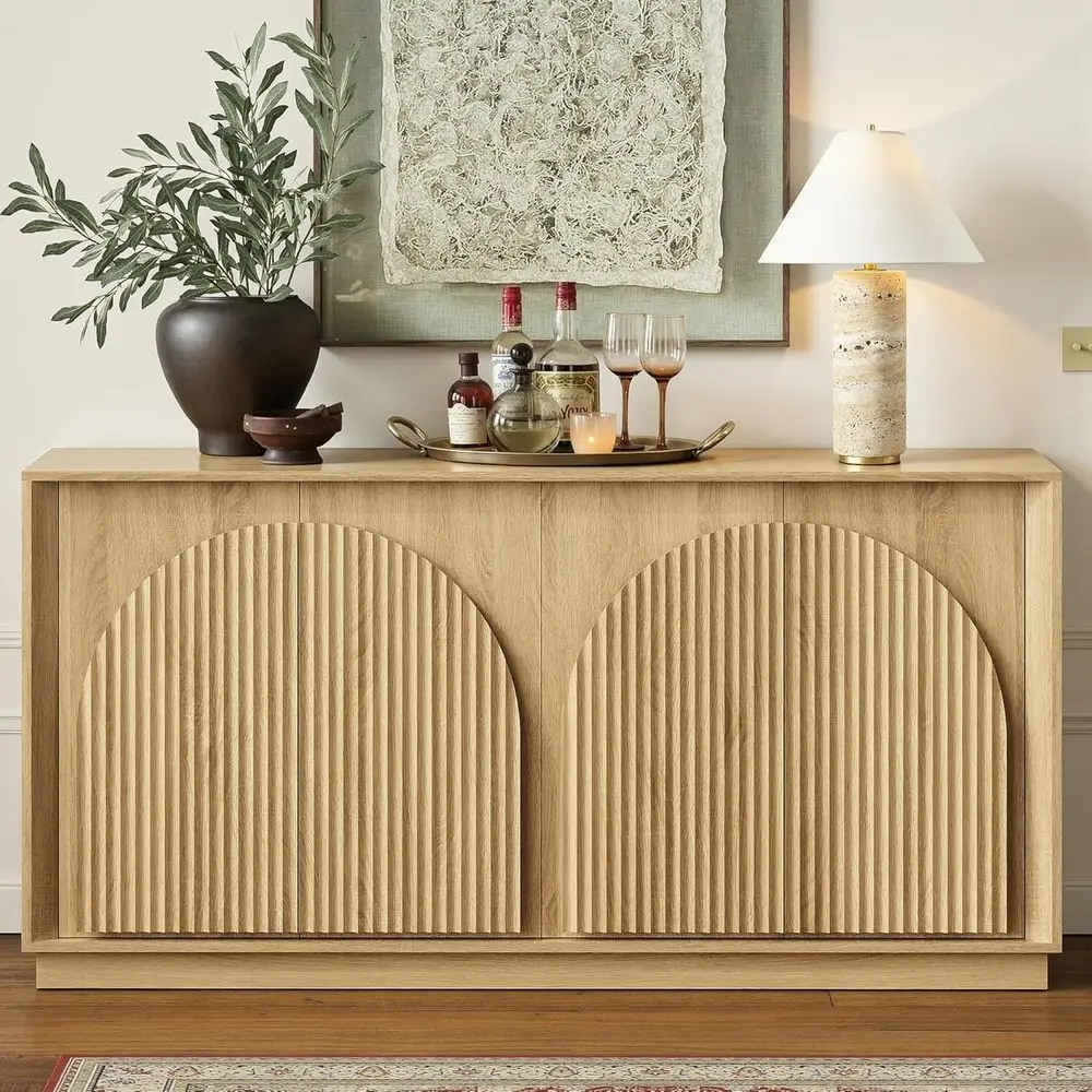 

luted Sideboard Buet Cabinet with Storage, 65" ern Accent Cabinet with Double-Layered Arch Do, Wood Boho Media TV ole Table Crza