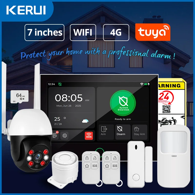 KERUI 4G 2G Wireless Home Alarm 7-inch Large IPS Touch Screen Panel Tuya Smart GSM WiFi Alarm Security System Burglar Alexa G70
