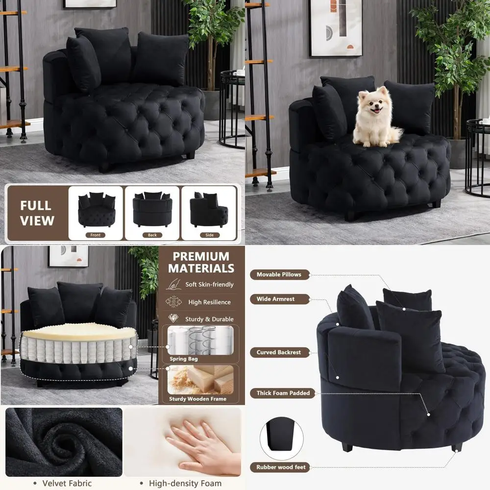 

Мягкое кресло-бочонок с 3 съемными подушками и деревянными ножками, увеличенный круглый диван для чтения или гостиных зон