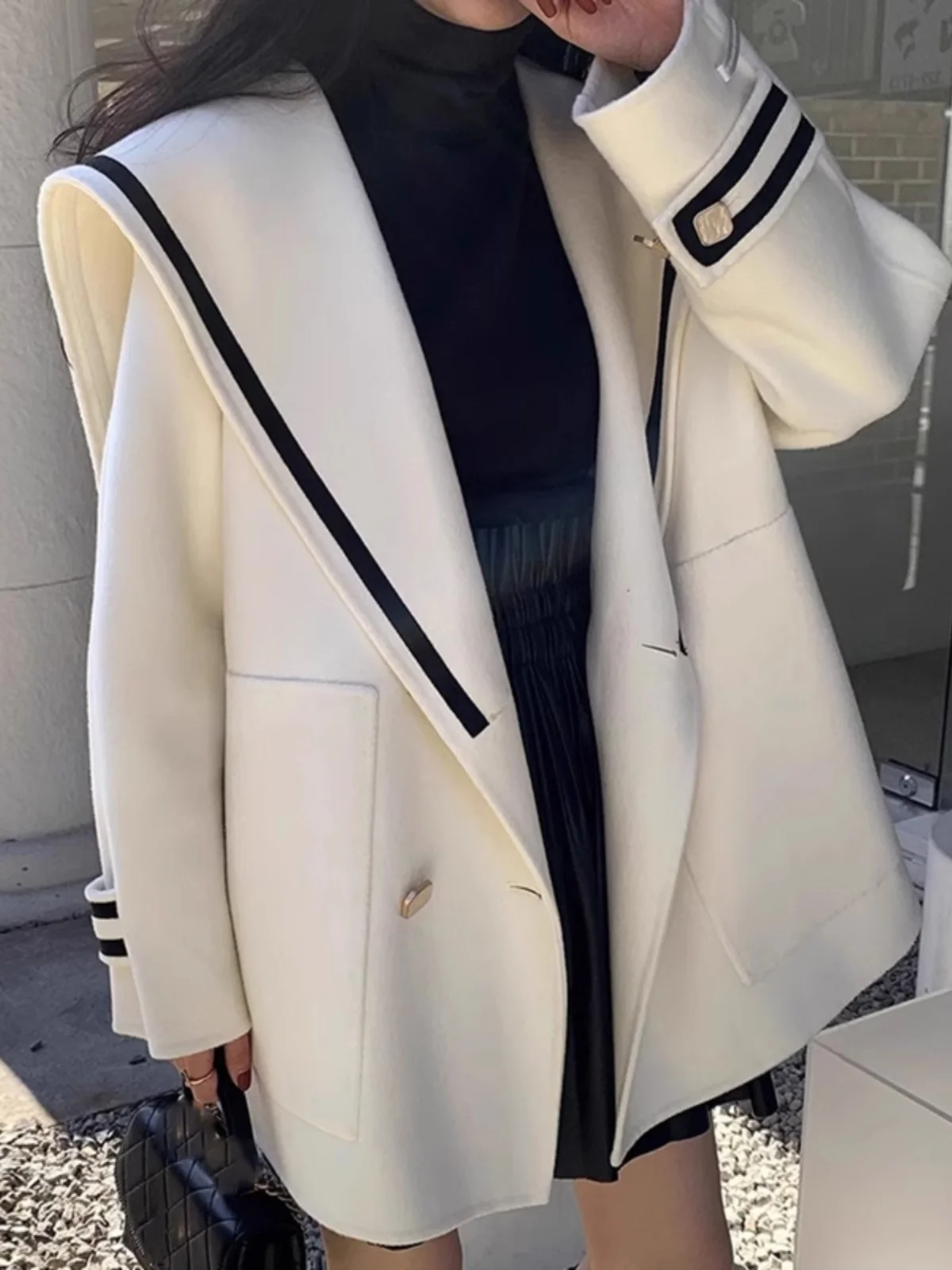 

Loose Navy Collar Woolen Coat Women's Autumn Winter Double Breasted Korean Sle V-Ne Long Sve Medium Length Coat