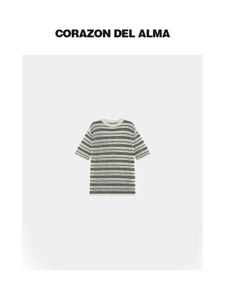 

Heavyweight Cotton Yarn Special Process Hollow Stripe Knitted Short Sleeve Top Women's Loose Fit Comfortable Breathable