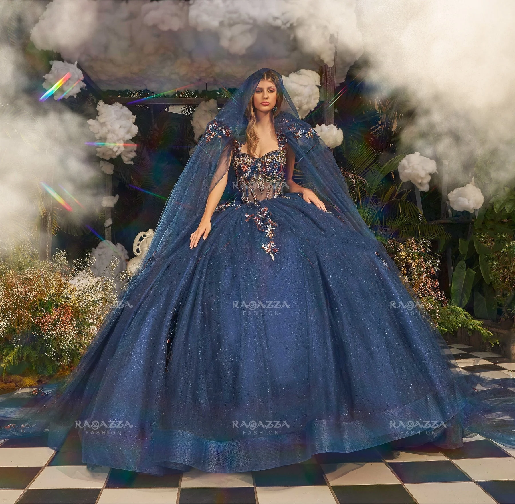 Luxury Navy Quinceanera Dresses Strapless Poncho 3D Floral Applique See Through Corset With Hooded Shawl Prom Dresses فساتين سهر