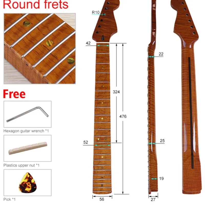 Tiger pattern baked maple 6 strings 22 frets round silk bright 5.6 wide guitar neck assembly DIY electric guitar accessories