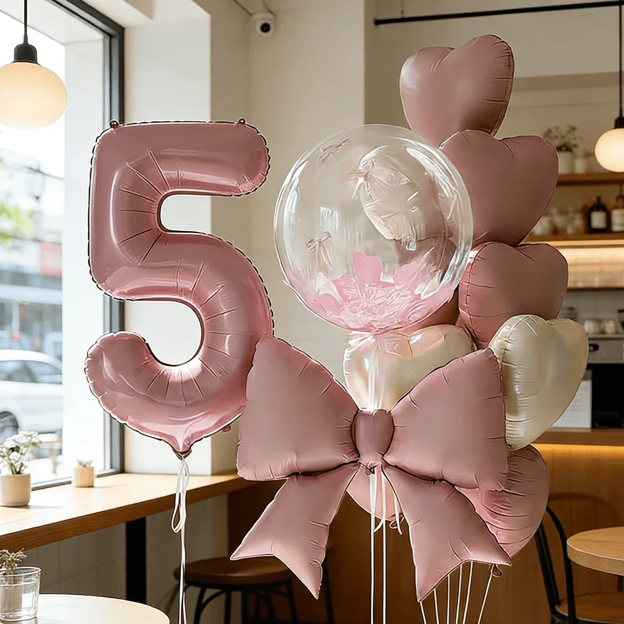 18-teiliges Rosa Geburtstagsparty-Set, 32-Zoll-Zahlen- und 0-9-Folienballons, Transparente, Matte Rosa Schleifen, Macaron- und Creme-Herzballons Deko