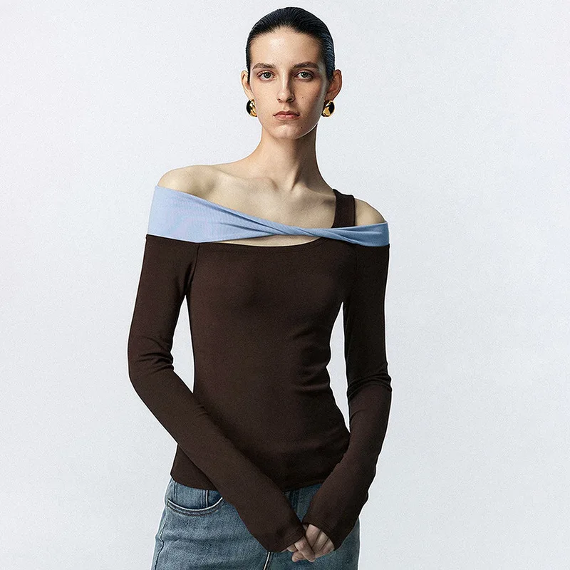 

Asymmetric Strap Off Shoulder Top Women 2024 New Contrast Color Hanging Neck One Line Neck Off-shoulder Knitwear T-shirt